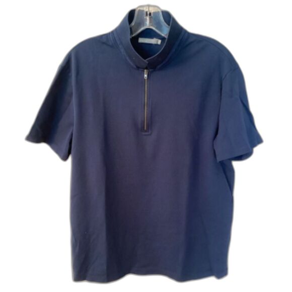 VINCE MENS MED NAVY BLUE 1/4 QUARTER ZIP SHORT SLEEVE PIQUE COTTON POLO SHIRT - Picture 1 of 7
